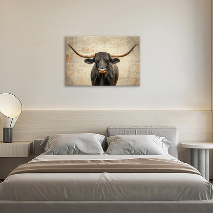 Rustic Highland Cow Pictures Wall Art, Farmhouse Longhorn Bull Bathroom Wall Decor Black Cow Framed Painting Canvas Artwork for Bathroom Bedroom Living Room Decorations 24"L x 16"W
