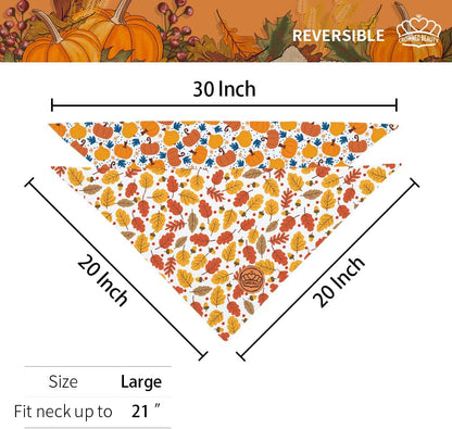 CROWNED BEAUTY Fall Dog Bandanas Reversible Large 2 Pack, Pumpkin Leaves Set, Orange Adjustable Triangle Holiday Scarves for Medium Large Dogs Boy Girl Pets DB180-L
