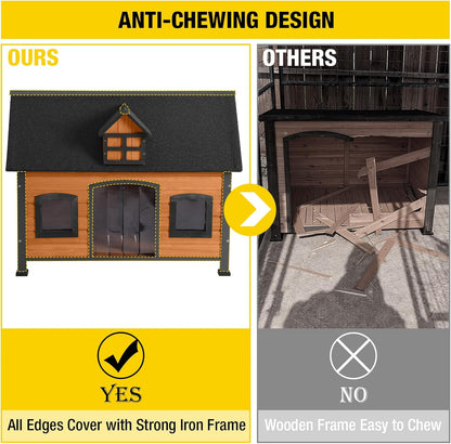 Aivituvin Large Dog House Anti-Chewing Metal Frame Design Insulated Wooden Dog Kennel with Unique Design Roof, Weatherproof Dog House for Outdoor Indoor