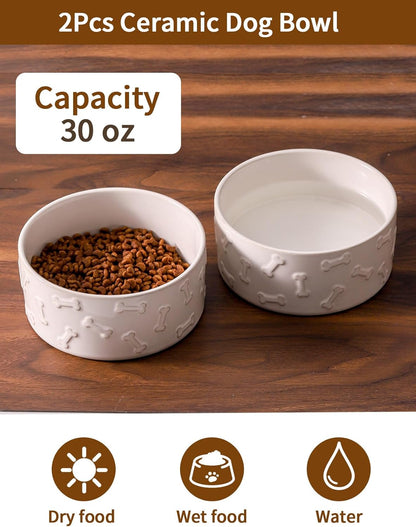 UBEE Ceramic Dog Food Bowl Set of 2, 6.1 inch Dog Bowls Dish with Bone Pattern, Pet Food Water Dish Feeding for Small and Medium Dogs and Large Cat, White