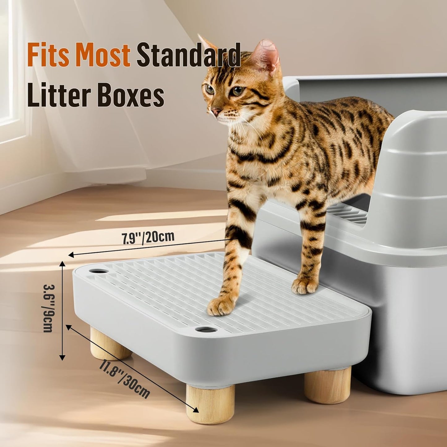 Cat Litter Box Step Ramp, Cat Litter Catcher Mat with Wooden Feet, Filter Function, Cat Pedal Stool for Self-Cleaning Cat Litter Box, Ideal for Kitten & Elderly Cats (Light Grey)