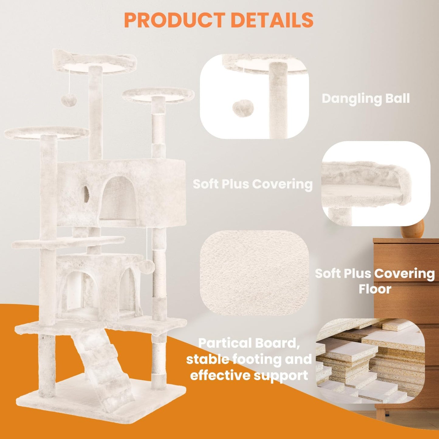 54.7 inches Cat Tower for Indoor Cats, Multi-Level Cat Condos with Scratching Posts, Hanging Toys, Beige