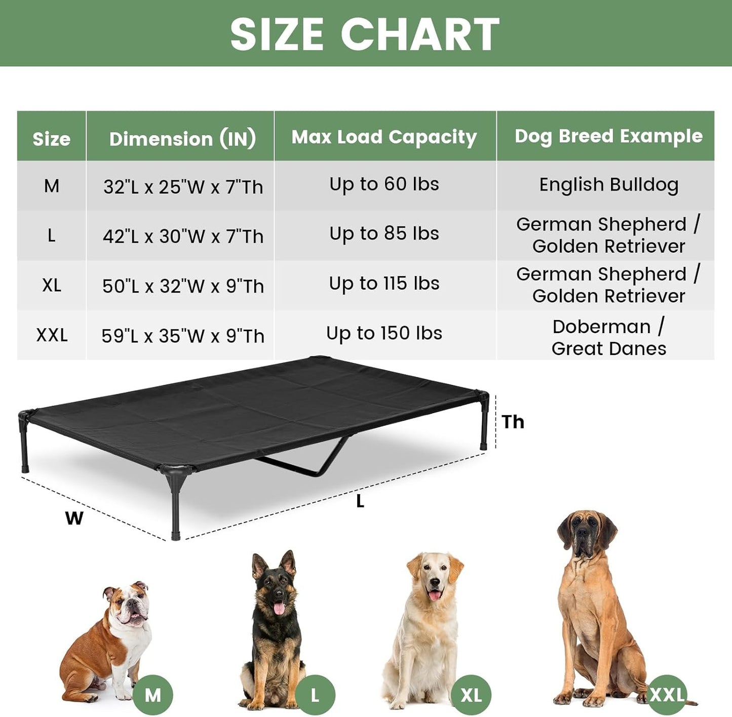 Elevated Dog Bed for Outdoor, XXL Raised Dog Cot Indestructible with Washable Mesh, Cooling Summer Pet Cot Chew Proof for Outside Camping Travel, 59"x36" Black