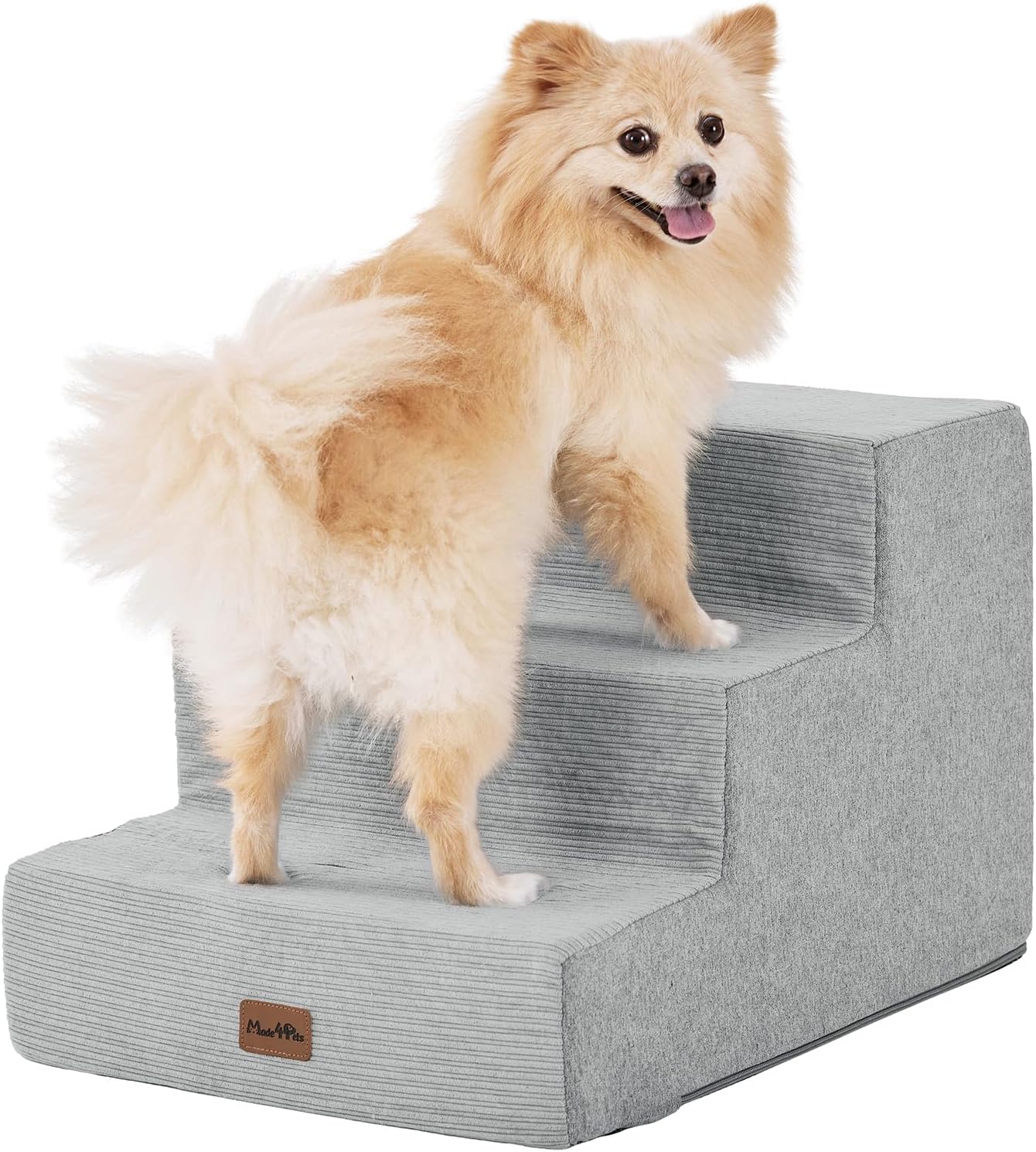 Made4Pets Dog Stairs for Small Dogs, Extra Wide Dog Steps for Bed Couch Sofa and Chair, 35D Foam Pet Steps for Small Dogs and Cats, Non-Slip Bottom Pet Stairs, Light Grey, 3 Steps