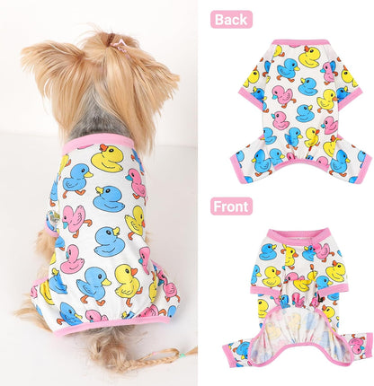 Dog Pajamas Small Sized Dogs Stretchable Summer Dog Clothes Pjs 4 Legs Girl Boy Cute Soft Puppy Outfits Doggie Cat Jammies Jumpsuit Sleeper for Pet (Duck, Large)