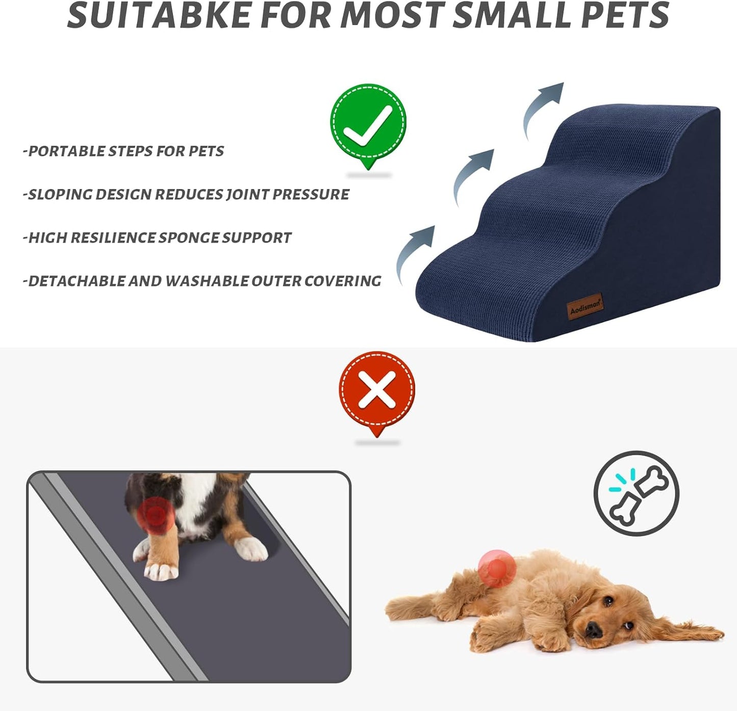 Dog Stairs and Steps for Beds Or Couches, 3-Step Pet Stairs & Steps for Small Dogs and Cats, Soft and Non-Slip Dog Ramp for Older Dogs,Pet with Joint Pain,Easy to Walk