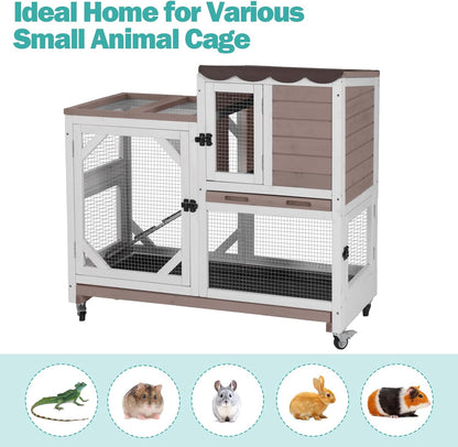 Rabbit Hutch Indoor for 2-4 Rabbits & Guinea Pigs，Bunny Cage with Slide-Out Plastic Trays，Wooden Small Animal Cage for Rabbits, Bunnies, and Guinea Pigs