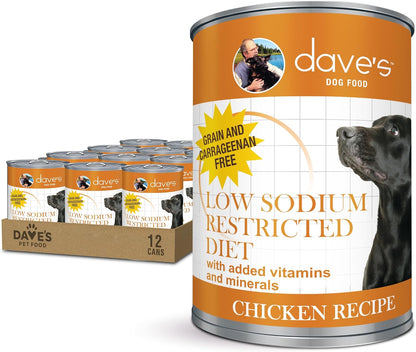 Dave's Pet Food Restricted Sodium Diet for Dogs, Chicken Pate Recipe, 13.2 oz Canned Dog Food, Case of 12
