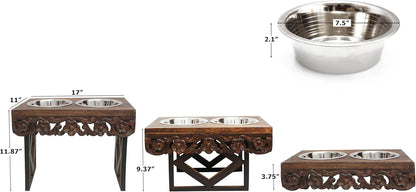 Elevated Pet Feeder for Dogs and Cats - The Bali Carved Wood Pet Feeding Stand with Two Stainless Steel Bowls - Three Heights Adjustable Raised Dog Bowl - Food Water Pet Feeding Station - IRONGATE
