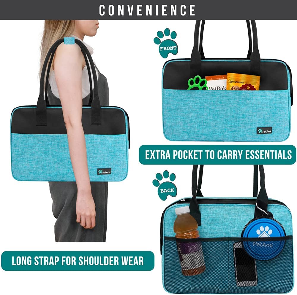 PetAmi Dog Purse Carrier for Small Dogs, Airline Approved Soft Sided Pet Carrier with Pockets, Ventilated Dog Carrying Bag for Puppy Cat, Dog Travel Supplies Bag, Sherpa Bed, Max 12 lbs, Teal Blue