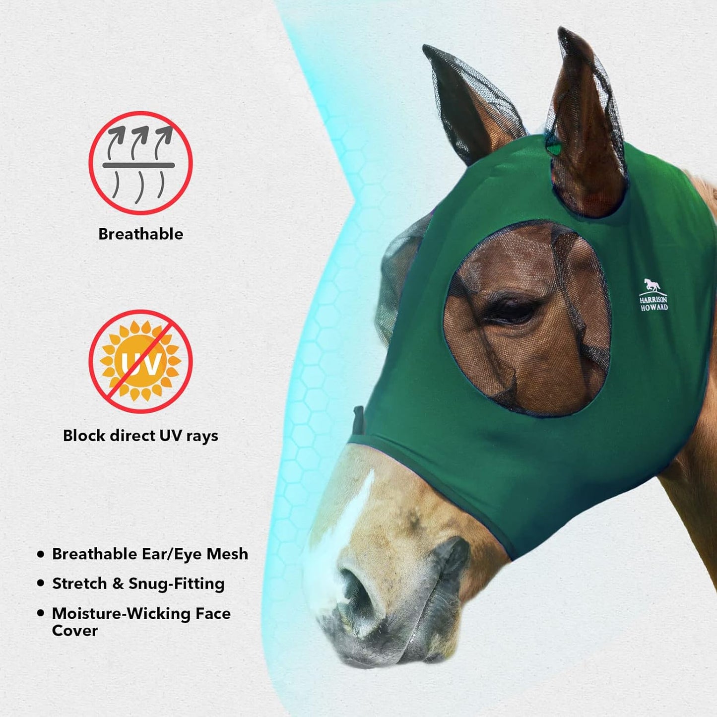 Harrison Howard Super Comfort Stretchy Fitting Horse Fly Mask with UV Protection Soft on Skin with Breathability Deep Green Pony