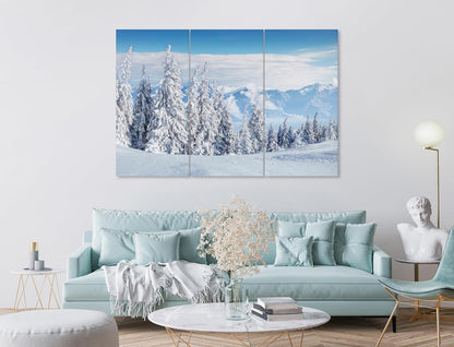 Nature Wall Art Prints - Ocean Forest Mountain Lake Canvas Landscapes - Small to Extra Large Living Room Bedroom Kitchen Bathroom Décor (Snow Covered Trees on Mountain, 39L" x 59W" - 3 Panels)