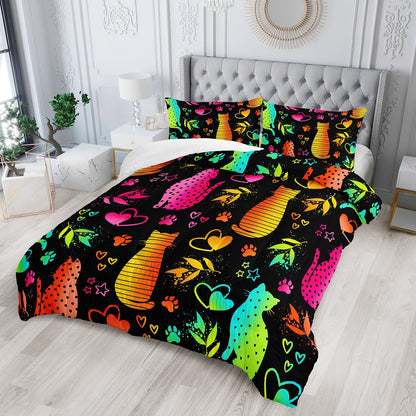 Kawaii Cat Animal Comforter 3Pcs Queen Lovely Pet Cat Bedding Set for Kid Teen Girl Boy Adult Room Decor Cartoon Kitten Paw Heart Bamboo Leaf Pattern Quilt with 1 Comforter and 2 Pillowcases