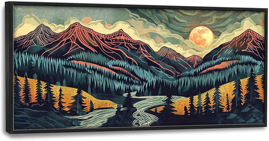 Quorin Boho Mountain Large Wall Art Abstract Pictures Lake Pine Tree Forest Foggy Sunset Wall Decor Nature Landscape Canvas Print Painting Artwork for Bathroom Living Room Bedroom 60L x 30W