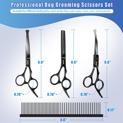 Dog Grooming Scissors Kit with Safety Round Tips, GEMEK Professional 5 in 1 Grooming Scissors for Dogs (Black 5 in 1)
