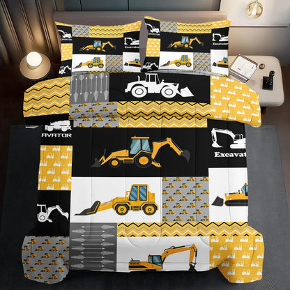 Construction Comforter Set Queen Boys,Yellow Queen Construction Bedding Set,Engineering Vehicles Comforter Yellow Bedroom Decor Kids,Truck Quilt Cartoon Truck Bedding for Teen