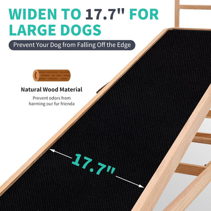 Dog Ramp, 5 Level Adjustable Height Folding Pet Ramp for High Bed, Portable Paw Ramps Large Bed Ramp for Medium & Large Old Dogs & Cats - Natural Wood Furniture Quality