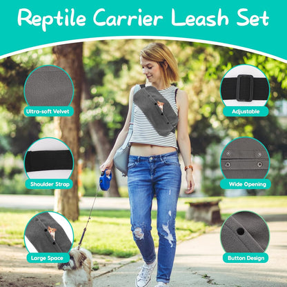Lizard Bearded Dragon Leash and Harness Set, Bearded Dragon Leash and Carrier, Adjustable Harness with Leather Wings and Sling Bag,Reptile Small Pet Backpack for Outdoor Travel Walking (Gray)