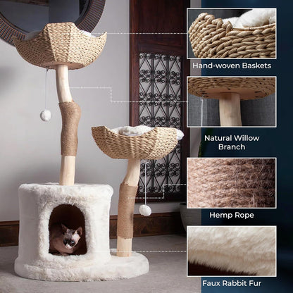 The Bungalow Cat Tree - Luxury Cat Condo, Large Modern Indoor Tower with 2 Faux Fur Beds, Scratching Posts, Toys, and Den for Cats, 23.5-Inch Width x 18-Inch Depth x 43-Inch Height