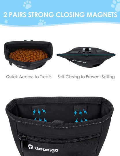 Gobeigo Dog Treat Pouch and Training Clicker, Upgrade Two Magnetic Closure to Prevent Spills, 2 Cup Treat Bag with Poop Bag Dispenser, Metal Clip Waist Belt Fanny Pack for Pet Walk (Black)