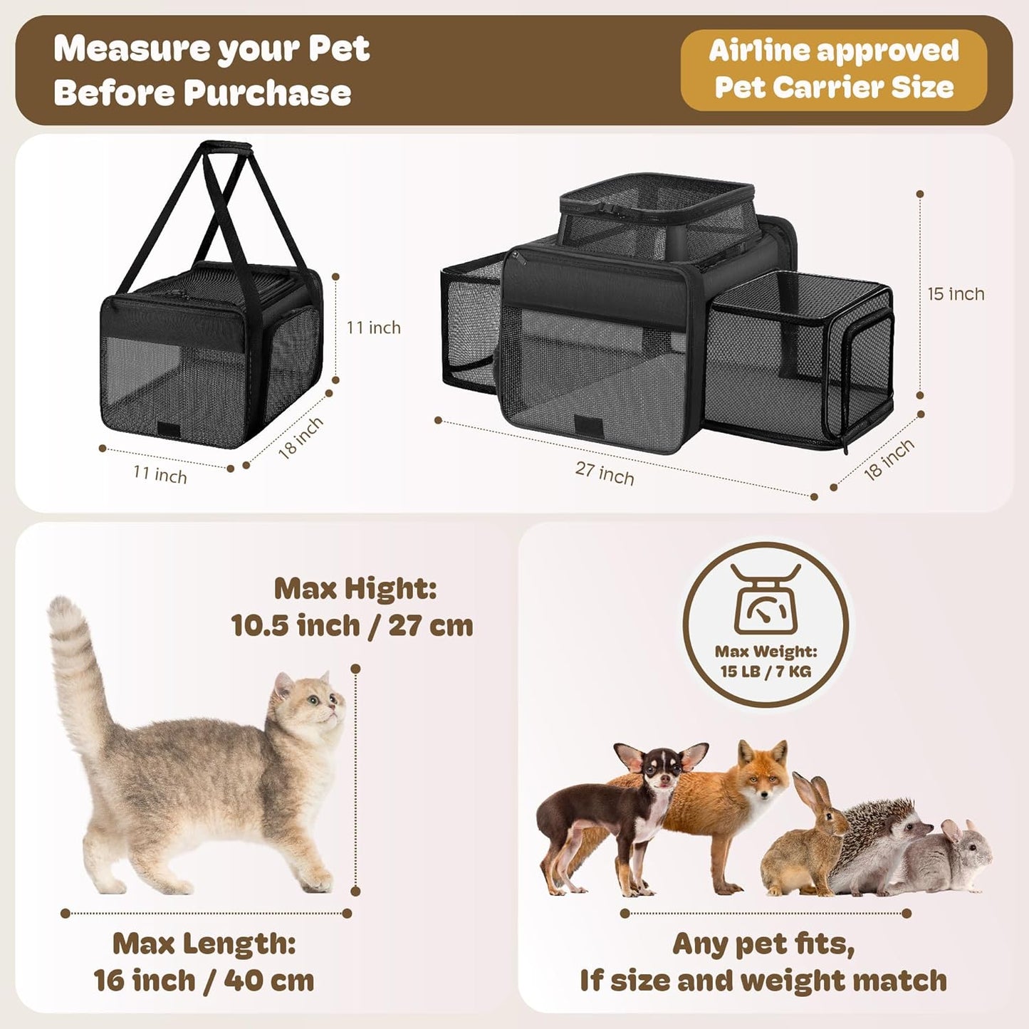 Top and 2 Sides Expandable Cat Carrier 17x11x11, TSA Airline Approved Dog Carriers for Medium Dogs, Soft-Sided Pet Carrier with Self-Locking Zippers for Kitten,Rabbit, Puppy, Guinea Pig Black