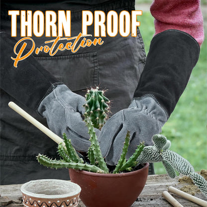 HANDLANDY Long Gardening Gloves for Men & Women, Cowhide Leather Rose Pruning Gloves, Breathable Thorn Proof Gauntlet Glove (Dark Grey-Black, M)