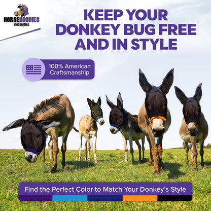 Donkey Fly Mask with Long Ears (Purple) Made in USA - Mule Fly Mask with Ears Protection from Insects and Bugs, Small Donkey Soft Mesh Fabric with Adjustable Fastener, Face Cover Supplies for Donkeys