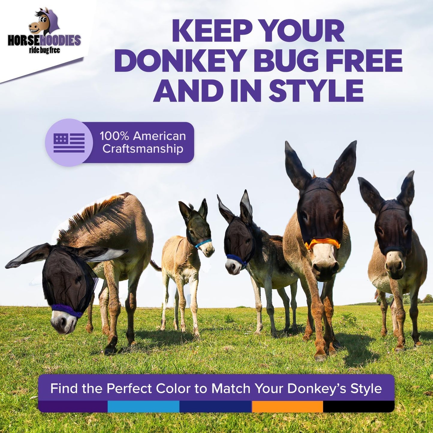 Donkey Fly Mask with Long Ears (Blue) Made in USA - Mule Fly Mask with Ears Protection from Insects and Bugs, Small Donkey Soft Mesh Fabric with Adjustable Fastener, Face Cover Supplies for Donkeys