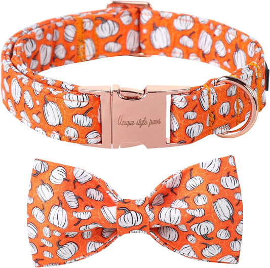 Unique Style Paws Halloween Day Dog Collar with Bow Line Pumpkin Cotton Dog Collars for Small Medium Large Dogs