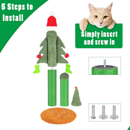 32” Cat Scratching Post, Tall Christmas Tree Cat Scratcher with 3 Posts and Cute Dangling Teaser Balls, Natural Sisal Rope Cat Toys for Kitty and Adult Cats