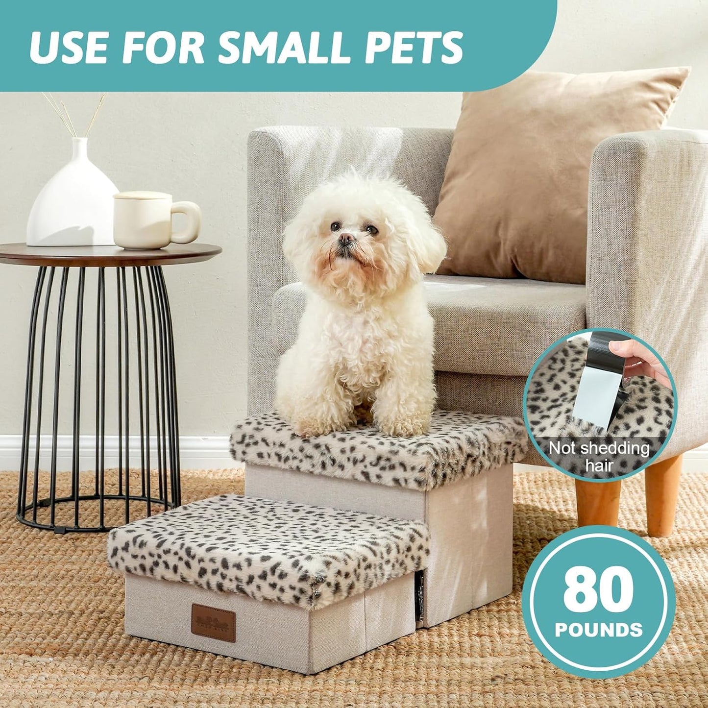 Dog Stair for Small Dogs with Storage, Foldable Pet Stairs for Medium or Puppy Dogs and Older Cats, Dog Steps for Bed or Couch with Soft Cover, 19.7x13x9.6 inch, 2 Tiers, Leopard
