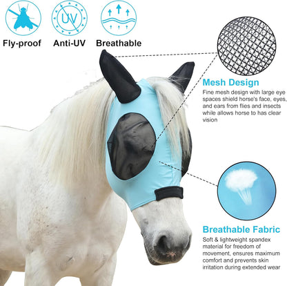 Stretchy Horse Fly Mask with Ears, Soft Lycra Equine Mesh Mask with UV Protection Face Cover, Pacific Blue, Full