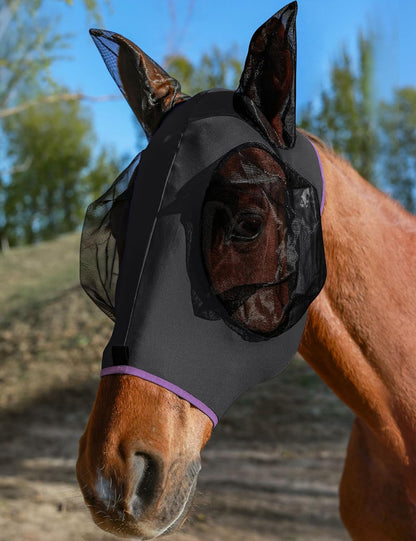 Horse Fly Mask with Ears, UV Protection for Horses, Elasticity with Big Mesh Eye Covers, Snug Fitting Comfortable Breathable Lightweight for Horses Black Cob