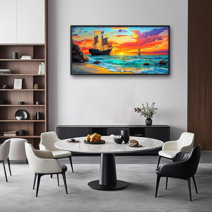 Framed Large Ship Wall Art for Living Room, Oversized Coastal Beach Boat Wall Decor Nautical Seascape Sailboat Canvas Painting Modern Artwork Home Decoration for Living Room Bedroom 60"x30"