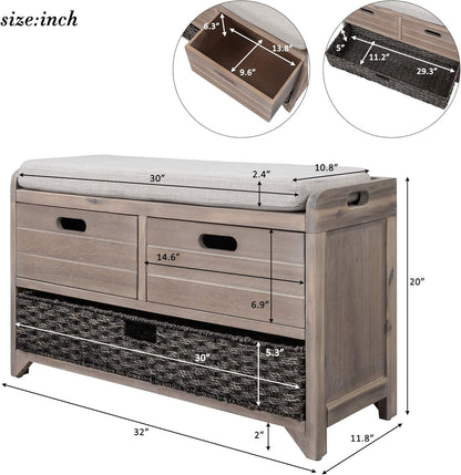 Storage Bench Removable Basket 2 Drawers Fully Assembled Acacia Wood Shoe Bench Standing Shoe Rack Removable Cushion for Living Room, Entrance Hallway, No Assembly Required White Washed