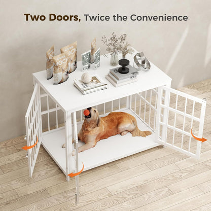 38 Inch Heavy Duty Wooden Dog Kennel End Table with Double Door Design and Secure Locks, Indoor Pet Crate Furniture for Medium Dogs, Decorative Home Cage Design,White