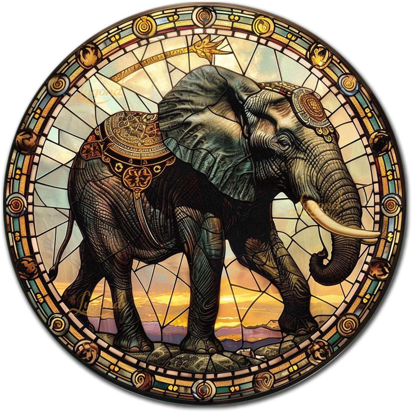Lygond Metal Sign Tin Sign Circular Stained Glass Elephant Metal Sign for Club 12×12 Inches