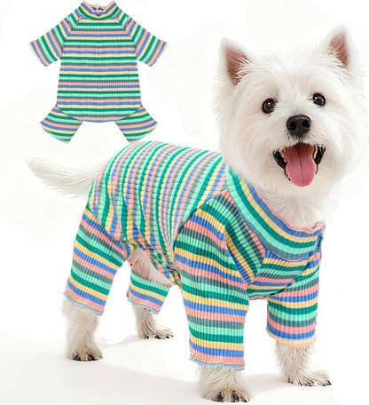 BAEJMJK Striped Dog Pajamas Stretchy Cute Four-Legged Boy Girl Dog Clothes with Sleeves Comfortable Dogs Jumpsuit Colorful Pet Puppy Outfits Apparel for Small Medium Dogs Cats(Green,Large)