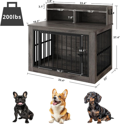 IRONCK Dog Crate Furniture, 33.4 inches Wooden Small Dog Crate with Storage and 4 Hooks, Heavy Duty Pet Crate for Small Dog, Decorative Pet Cage for Indoor (22" L x 33.4" W x 37.4" H)