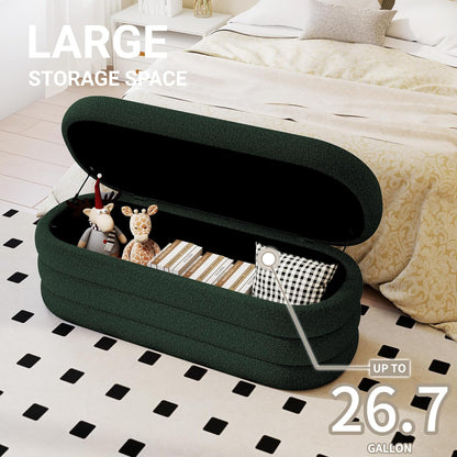 Storage Ottoman Bench 49.2 Inch Upholstered Fabric Storage Bench for Bedroom End of Bed Aesthetic Large Oval Ottoman for Living Room(Dark Green)
