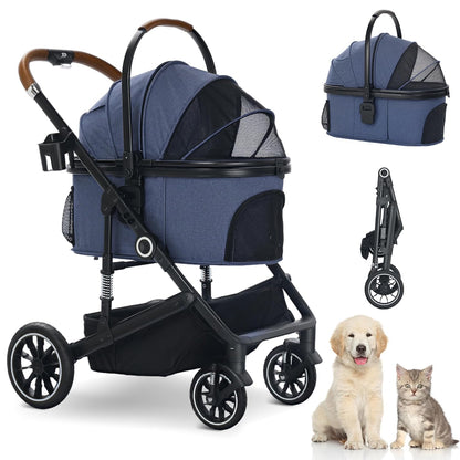 Pet Stroller with 4 Wheels, 3 in 1 Folding Puppy Strollers for Small/Medium Dogs Cats up to 50lbs, Lightweight Pet Travel Carrier with Detachable Cushion, Storage Basket and Cup Holder, Blue