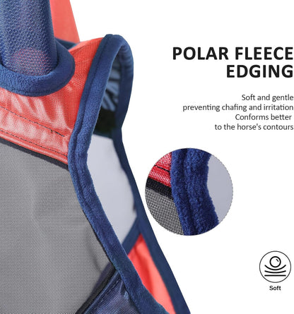 Harrison Howard Pro Luminous Horse Fly Mask Large Eye Space Half Face with Ears UV Protection for Horse Coral Orange/Navy XL