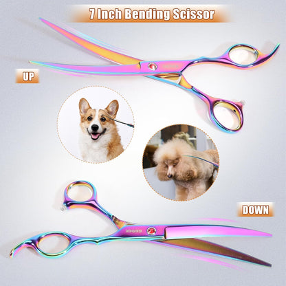 7.0in Titanium Professional Pet Grooming Scissors Set, GEMEK 6 in 1 Straight & Thinning & Upwards Curved & Downwards Curved Scissors & Comb for Dogs, Cats (Rainbow)
