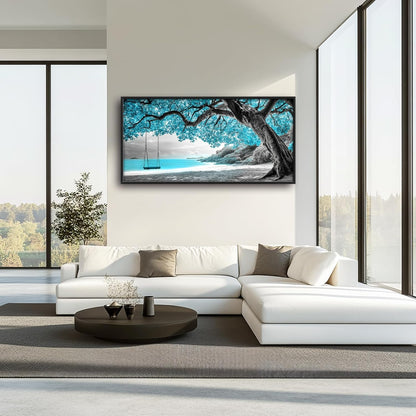 Extra Large Framed Abstract Tree Wall Art,Black and White Tree of Life Wall Decor,Blue Teal Sea Pictures for Living Room,Canvas Print Painting Modern Artwork Bedroom Office Bathroom 60L x 30W