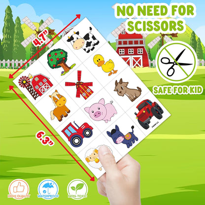72 PCS Farm Barnyard Animal Pre-Cut Temporary Tattoos Sticker Birthday Decorations Party Supplies Favors Gift Boy Girl Farmhouse Cow Chicken Tattoo School Reward Themed (Normal)