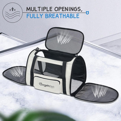 BurgeonNest Cat Carrier for Large Cats 20 lbs,Medium Pet Under 25 lbs,2 Puppy and Small Dogs with Unique Side Bag,Top Load Pet Carrier Soft-Sided Escape Proof with 4 Ventilated Windows