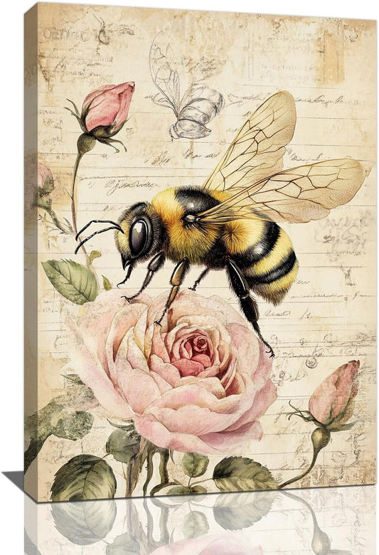 Rustic Bee Bathroom Pictures Wall Art, Vintage Floral Bathroom Wall Decor, Pink Rose Flower Framed