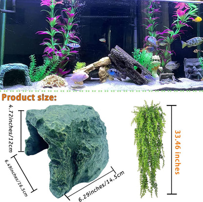 kathson Reptile Rock Hideout Cave,Tortoise Hide Caves,Resin Hides Shelter,Reptile Green Plant Decoration Habitat Decor Terrarium Accessories for Lizards Bearded Dragon Gecko Turtles Spiders