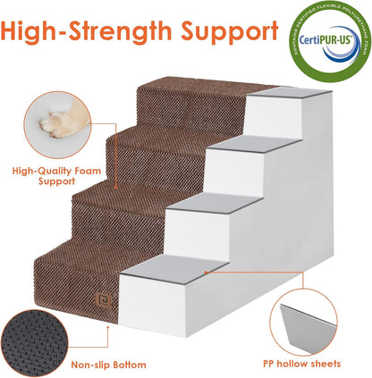 EHEYCIGA Dog Stairs for Bed 20" H, 4-Step Extra Wide Dog Steps for High Bed, Pet Steps for Small Dogs and Cats, Non-Slip Balanced Pet Ramp Indoor, Brown