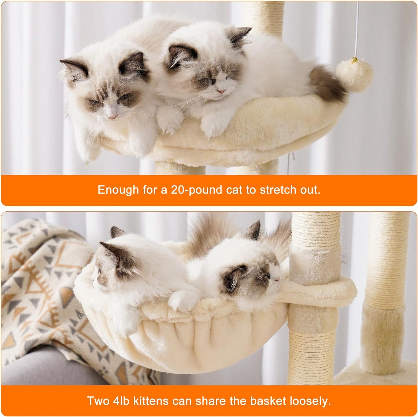 Heybly Cat Tree, 68 inch Multi-Level Cat Tower for Indoor Cats, 2 Widened Plush Perches Cat Condo with Scratching Board and Big Caves, Beige HCT025M
